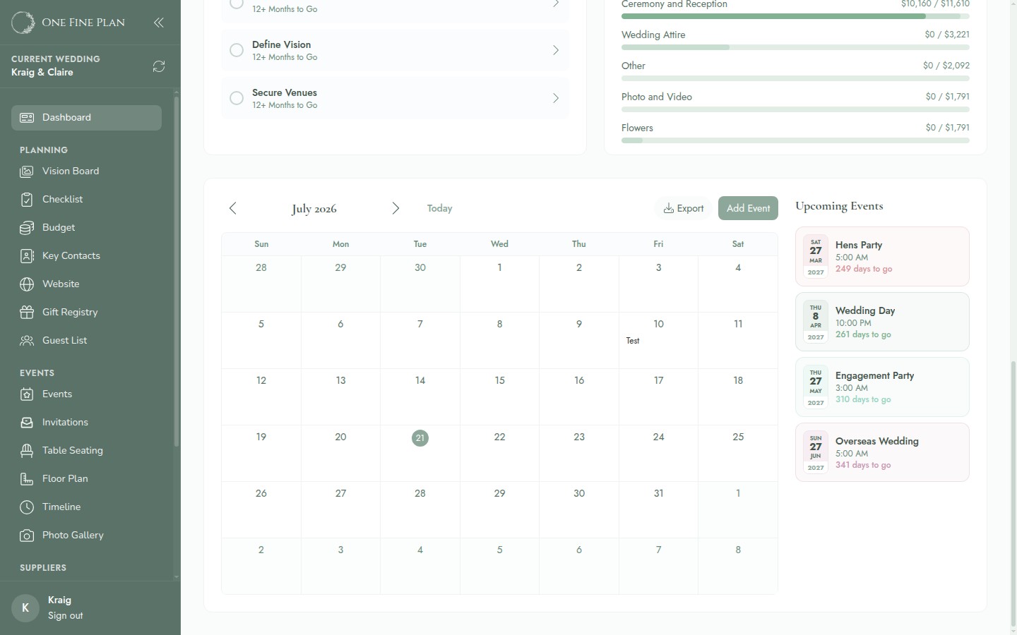 Wedding Events Calendar
